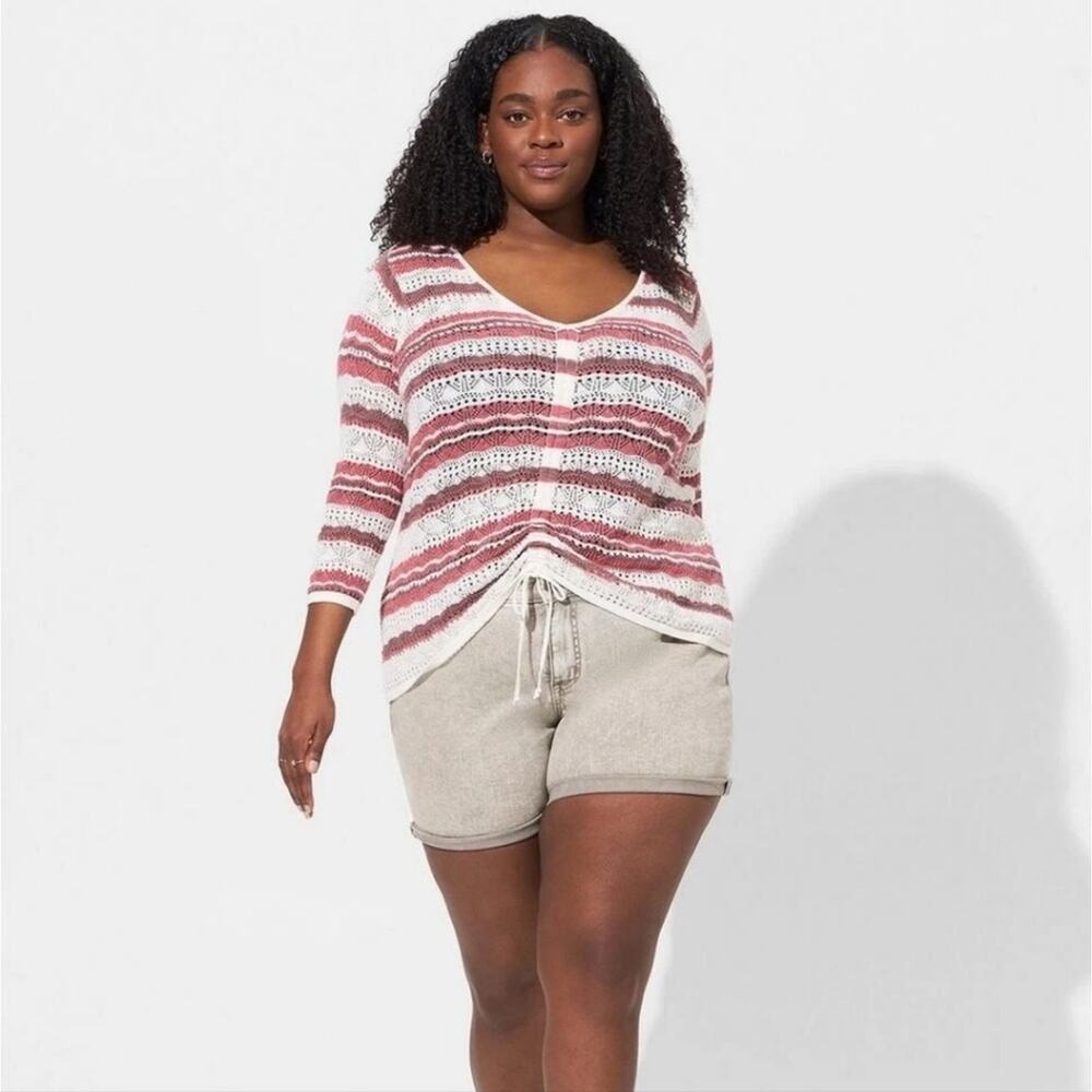 TORRID Open Stitch Pullover V-Neck Cinched Front Sweater Boho Spring Plus Sz 3X